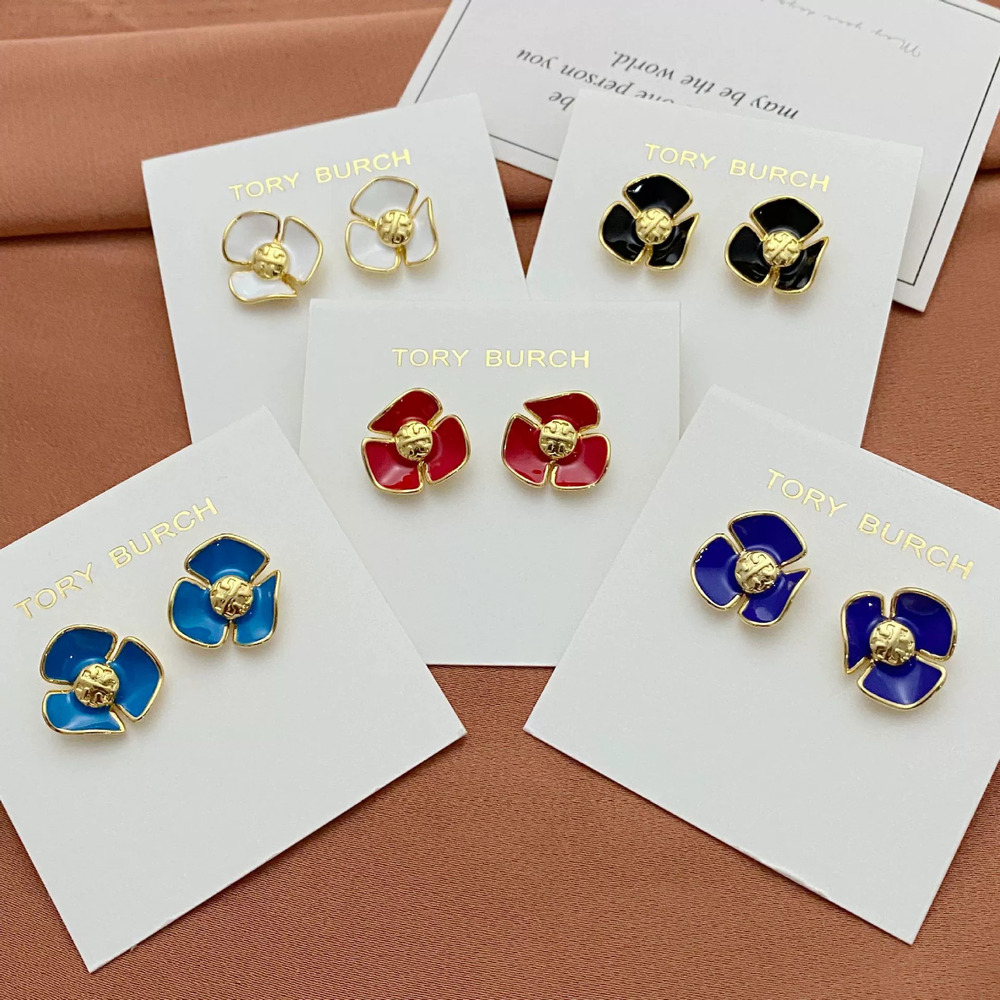Tory Burch Enamel Flower Stud Earrings Inlaid Metal